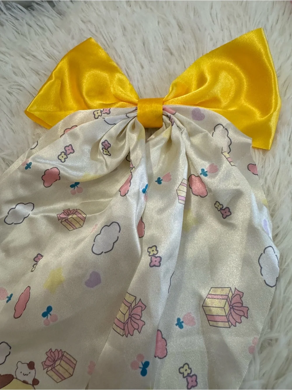 Pompompurin Yellow silky coquette Bow Scarf Hair pin with Cute Character Print
